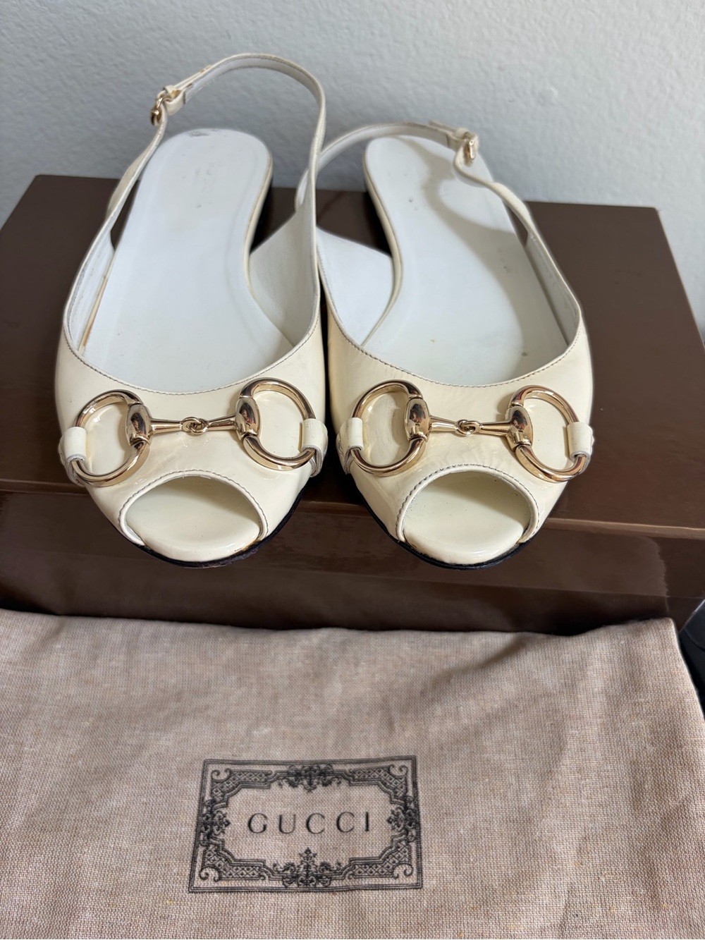 Gucci Cream Leather Horsebit Peep-Toe Slingback Flats